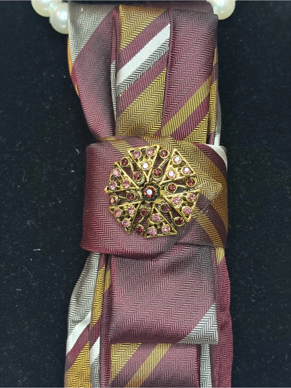 Vince Camuto Burgundy Gold Striped Silk Scarf Tie